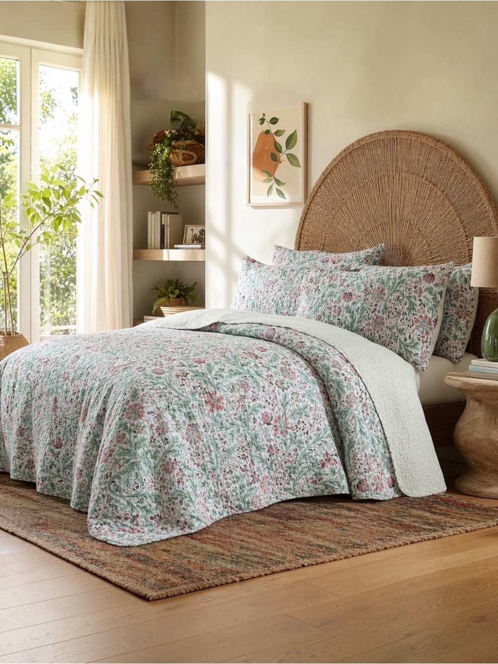 NEW Anthro Green & Pink Floral Reversible Boho Queen King Bedding Quilt Sham Set - Picture 3 of 10